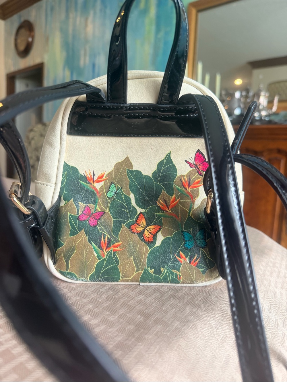 Frida Kahlo Cream Mini Backpack with Colorful Portrait Print - Picture 4 of 13